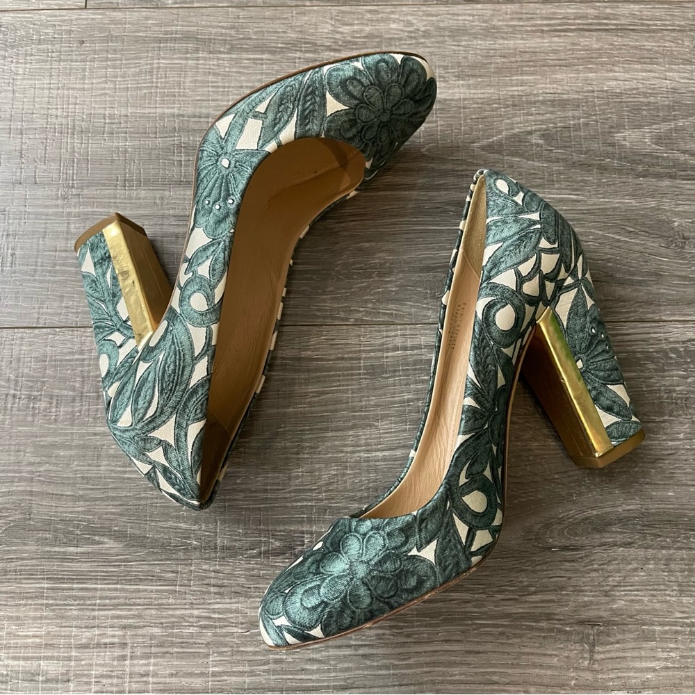 J Crew Etta Green Floral Gold Heels Pumps Leather Italy Size 7